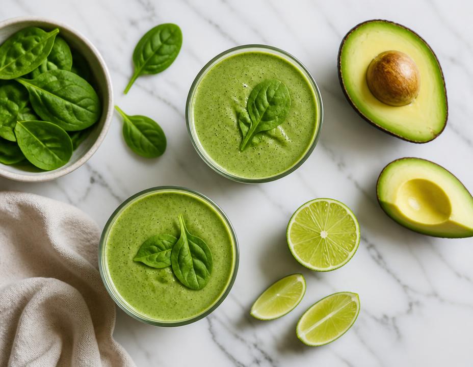Green smoothies with avocado, spinach and lime on marble