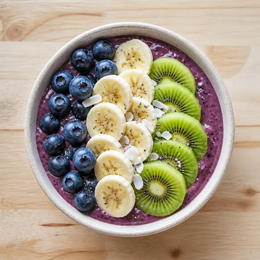 Acai bowl topped with blueberries, banana and kiwi